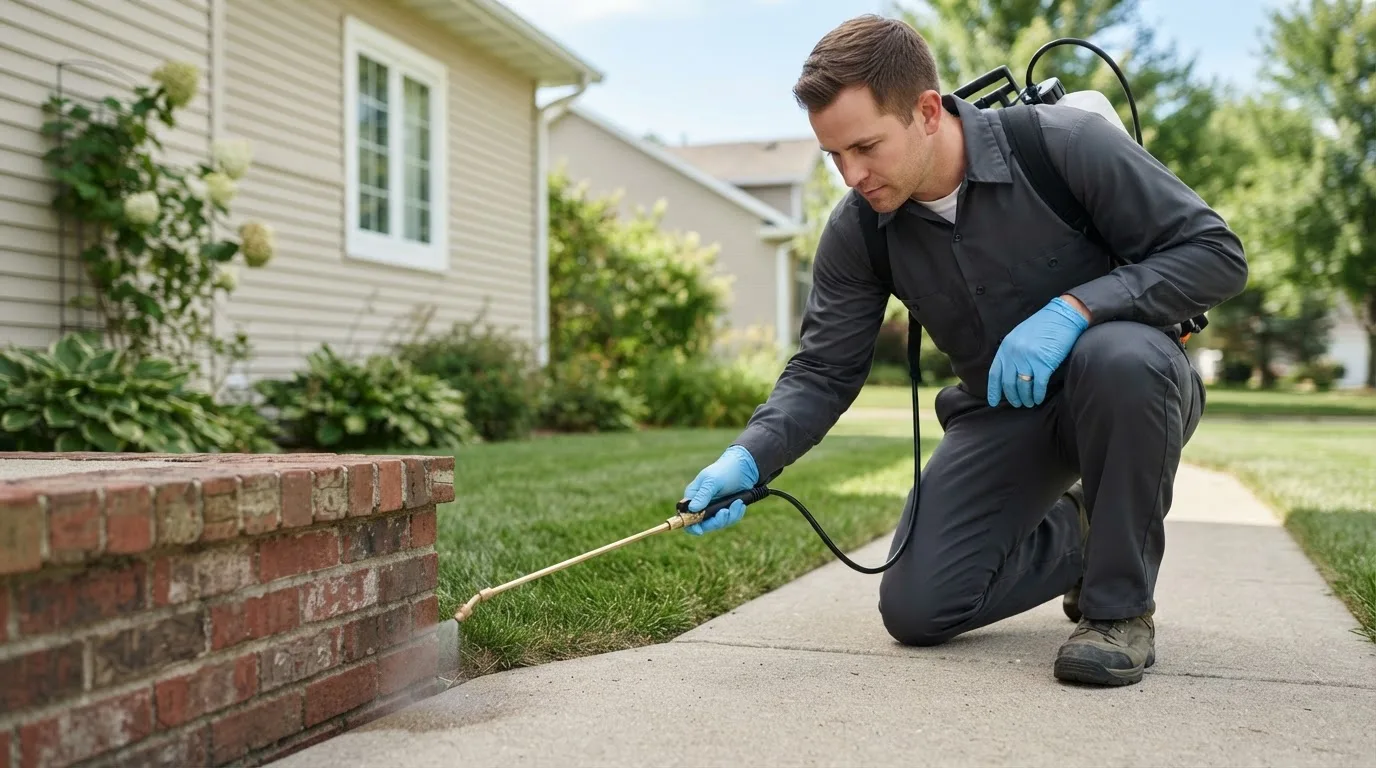 Pest control technician treating a home near Boyceville, WI